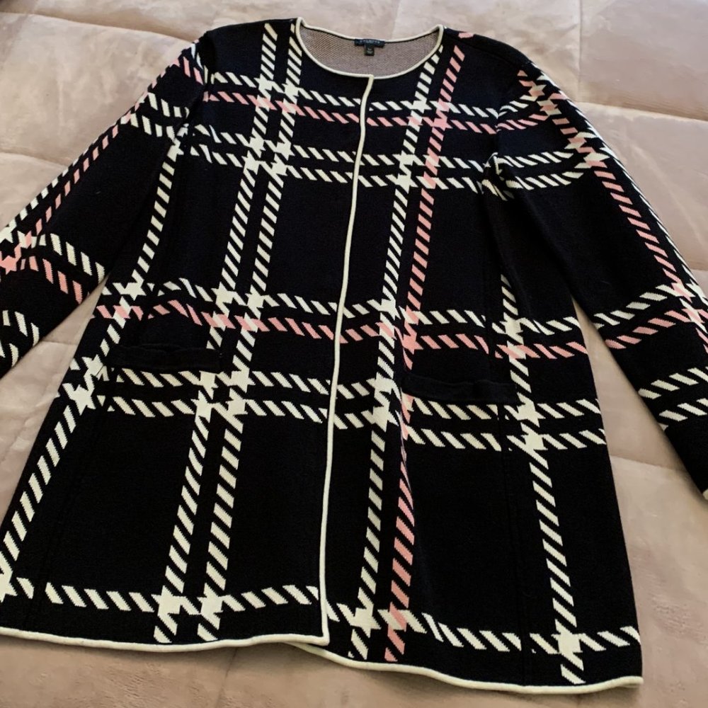 Black/Pink/White Design Open Front Cardigan by Talbots